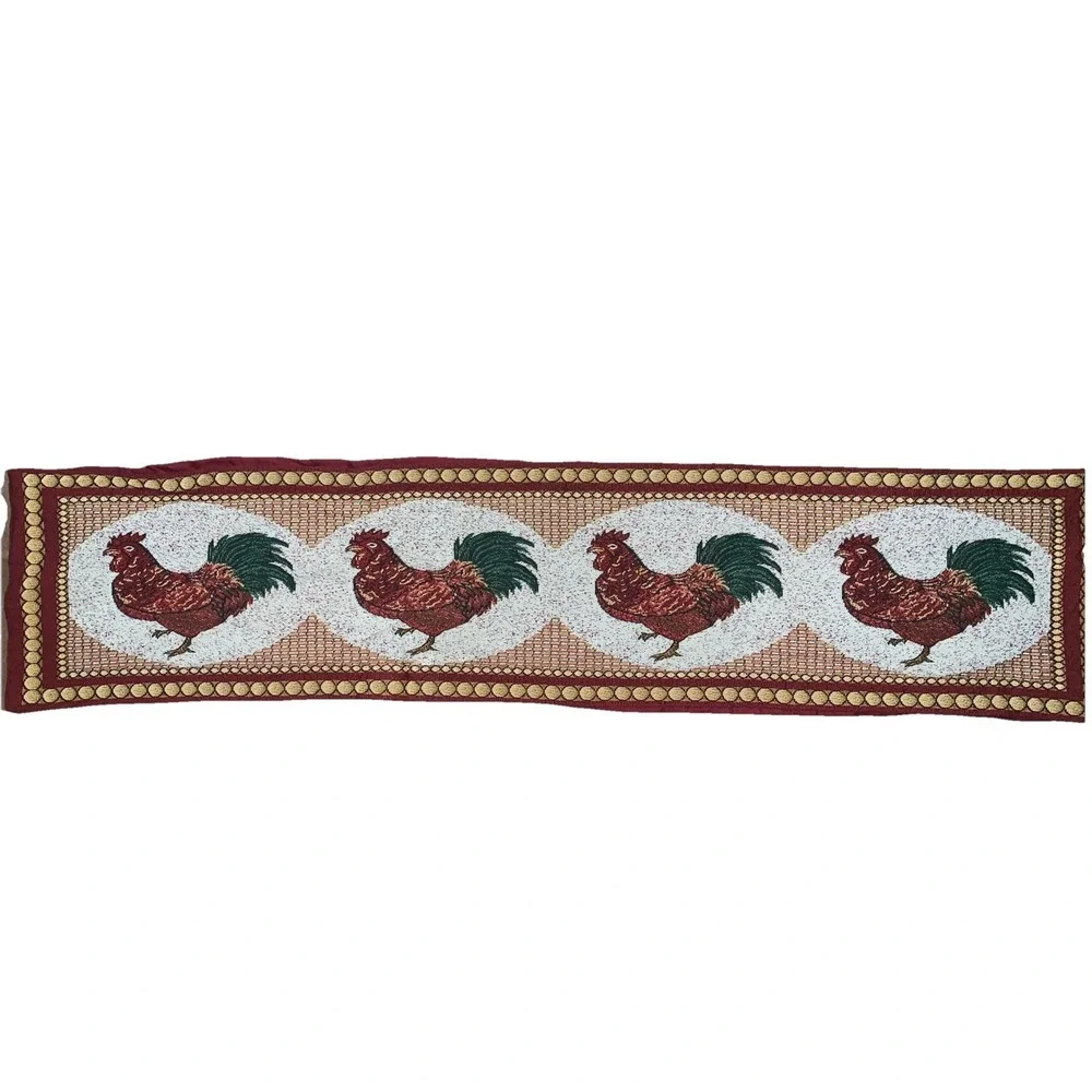 VTG Country Rooster Jacquard woven Burgundy Tapestry Table Runner Farmhouse‎ 53